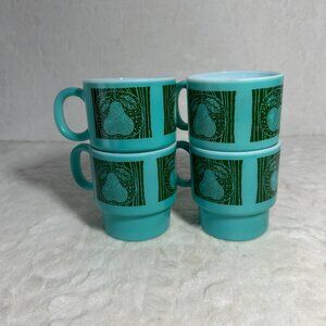 4 Vintage Teal Blue Stackable Coffee Mug Cups Turquoise Hazelware Fruit W6809